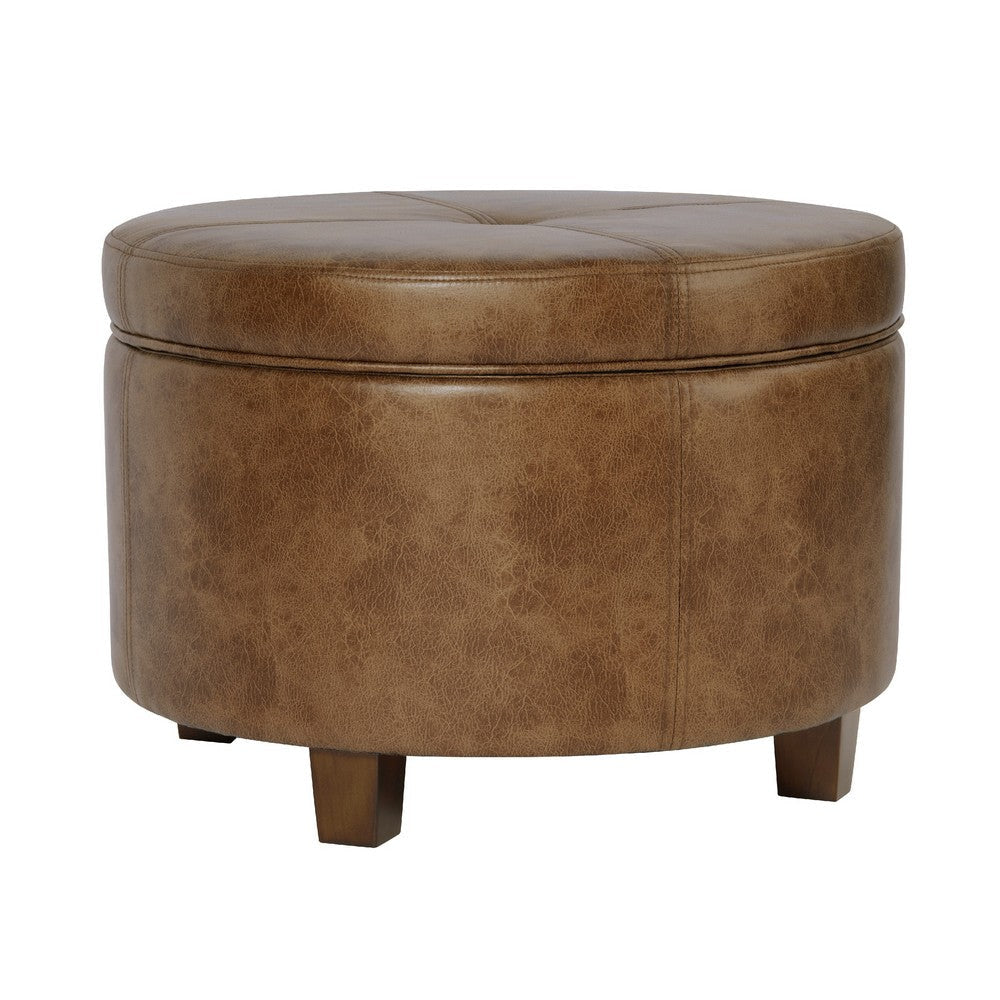 Soni Round Storage Ottoman | 24’’ Brown Faux Leather | Wood Legs