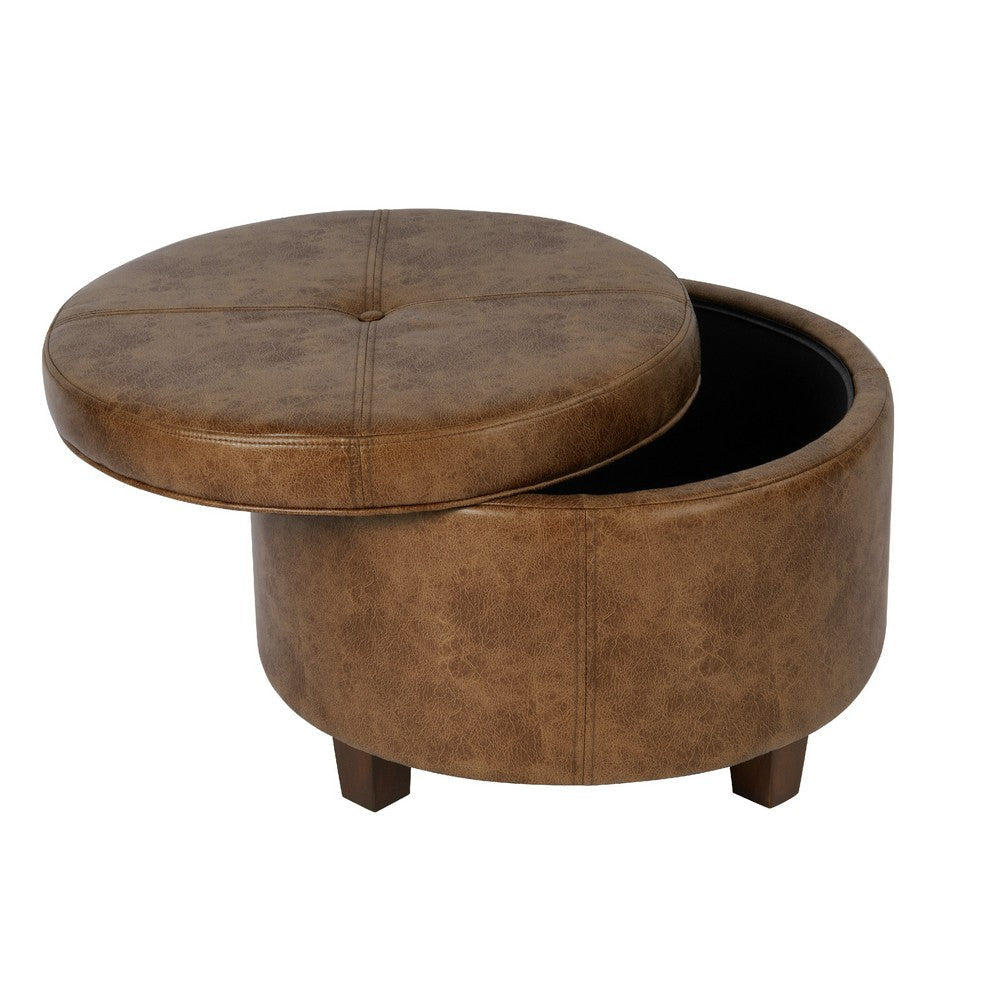 Soni Round Storage Ottoman | 24’’ Brown Faux Leather | Wood Legs