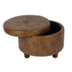 Soni Round Storage Ottoman | 24’’ Brown Faux Leather | Wood Legs