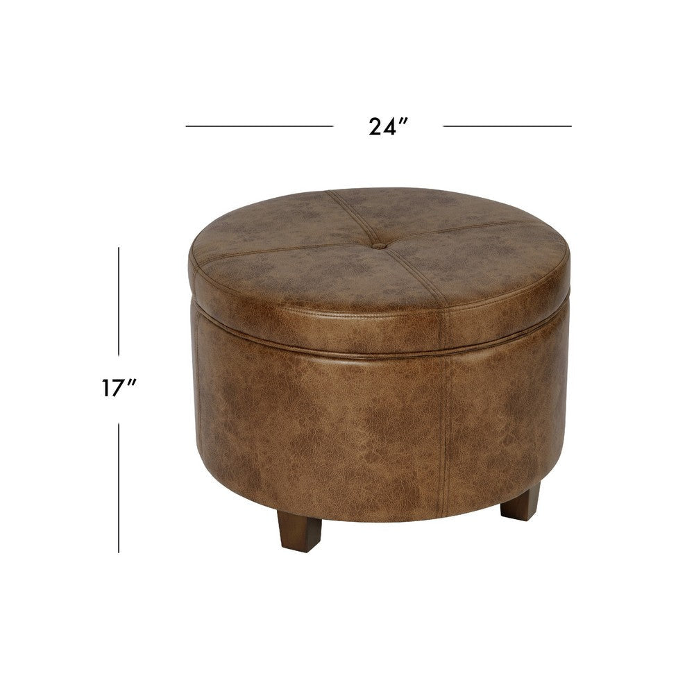 Soni Round Storage Ottoman | 24’’ Brown Faux Leather | Wood Legs