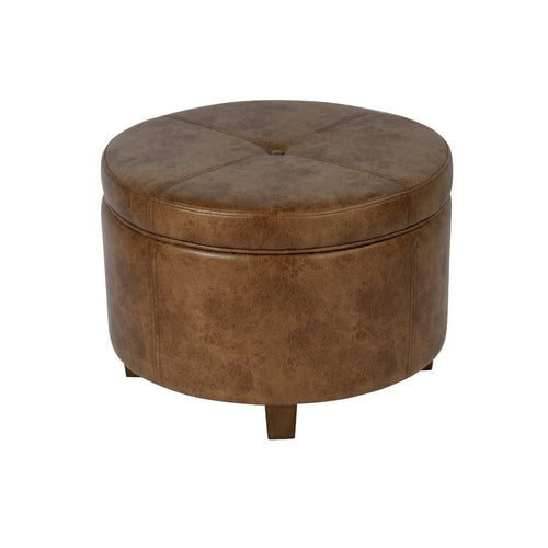 Soni Round Storage Ottoman | 24" Brown Faux Leather | Wood Legs