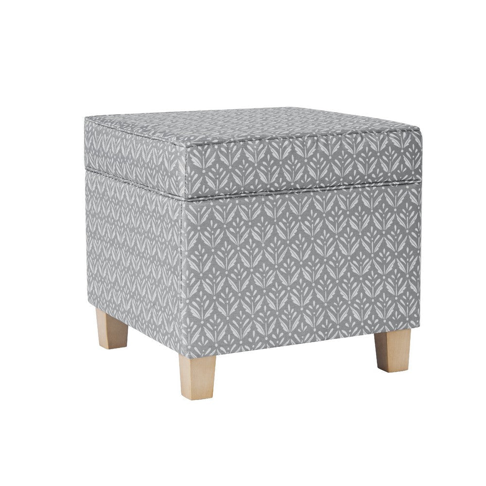 Pyp Square Storage Ottoman | 18’’ Gray Print Fabric | Brown Wood