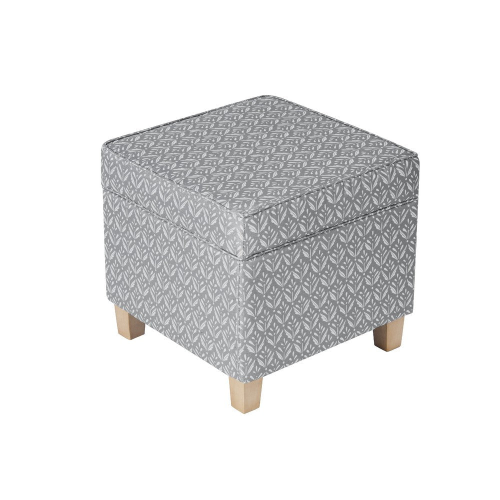 Pyp Square Storage Ottoman | 18’’ Gray Print Fabric | Brown Wood