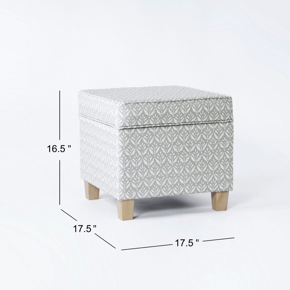 Pyp Square Storage Ottoman | 18’’ Gray Print Fabric | Brown Wood