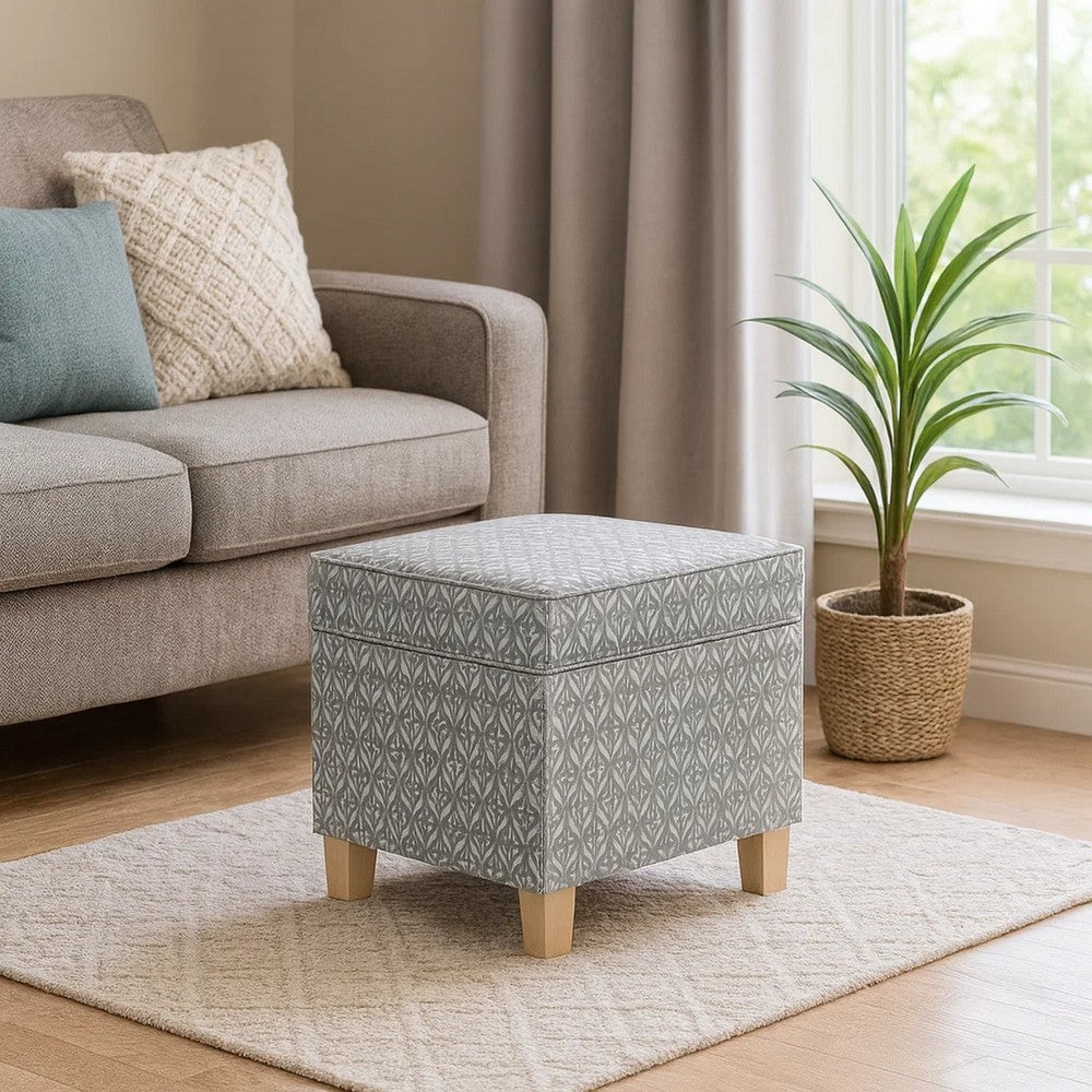 Pyp Square Storage Ottoman | 18" Gray Print Fabric | Brown Wood