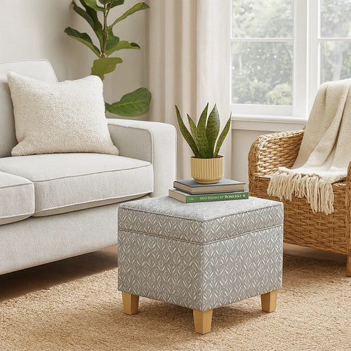 Pyp Square Storage Ottoman | 18" Gray Print Fabric | Brown Wood