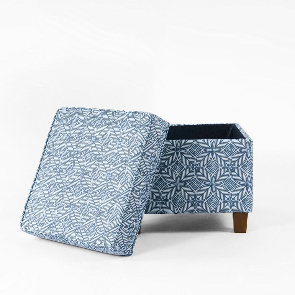 Pyp Square Storage Ottoman | 18" Indigo Blue Print | Walnut Brown