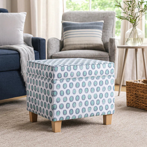 Pyp Square Storage Ottoman | 18" Blue Green Pattern Print | Brown