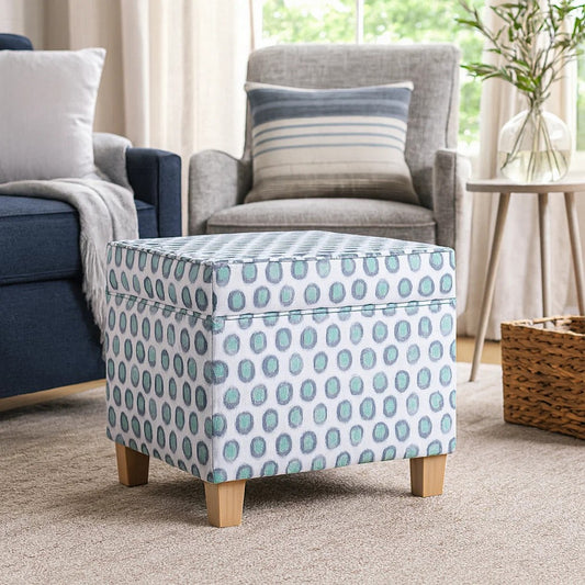 Pyp Square Storage Ottoman | 18" Blue Green Pattern Print | Brown