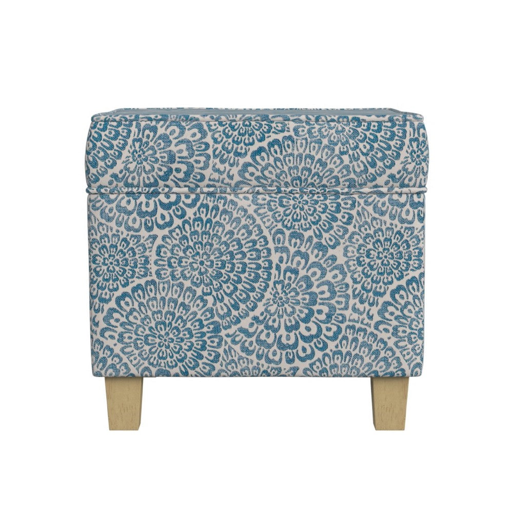 Pyp Square Storage Ottoman | 18" Blue Ivory Floral Fabric | Brown