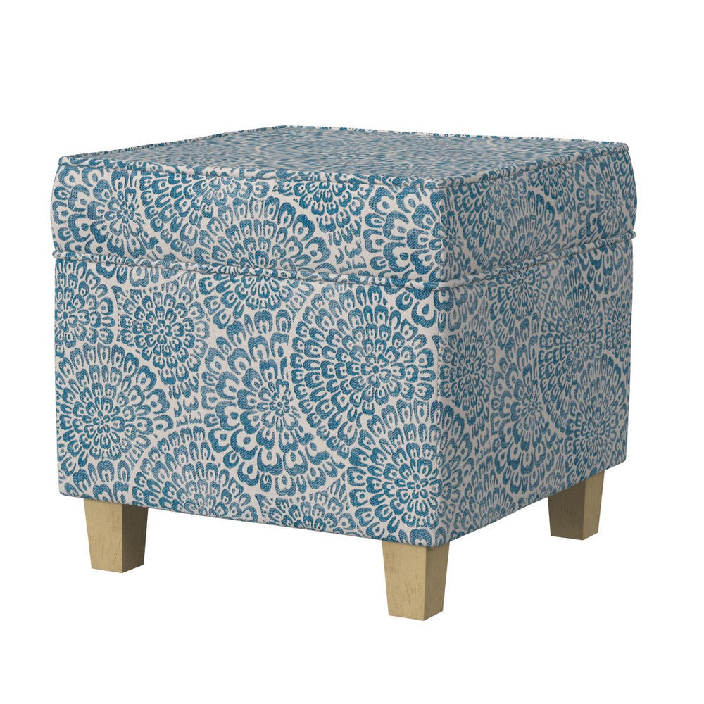 Pyp Square Storage Ottoman | 18’’ Blue Ivory Floral Fabric | Brown