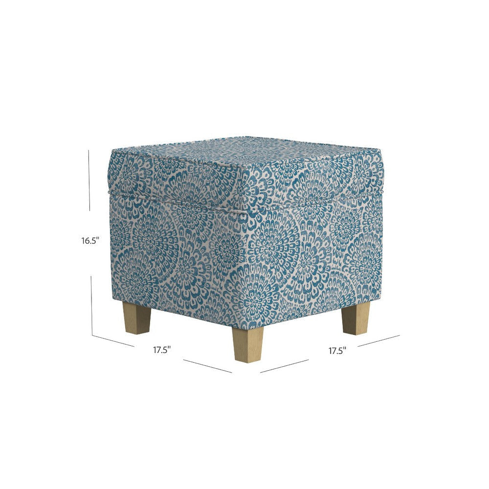 Pyp Square Storage Ottoman | 18’’ Blue Ivory Floral Fabric | Brown
