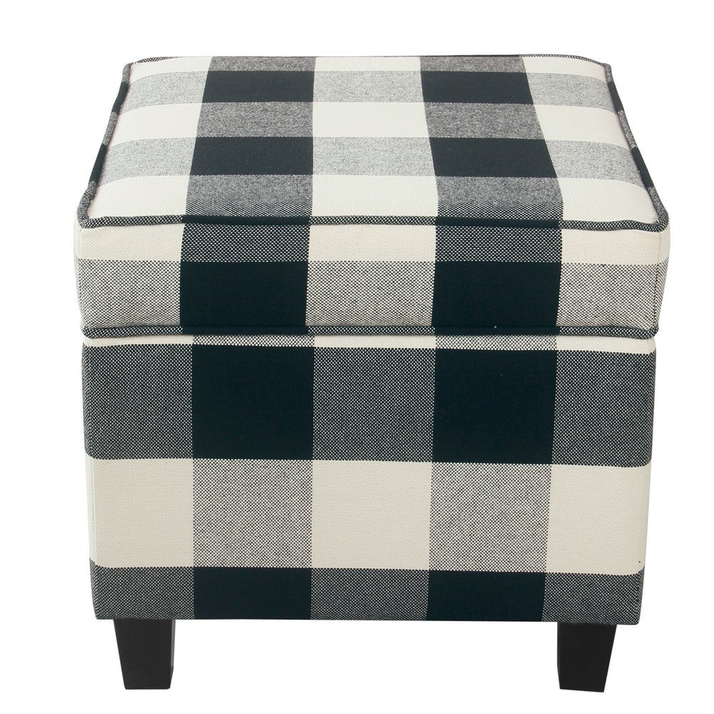 Pyp Square Storage Ottoman | 18’’ Black Plaid Cotton | Ebony Legs