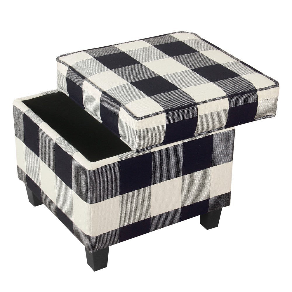 Pyp Square Storage Ottoman | 18’’ Black Plaid Cotton | Ebony Legs