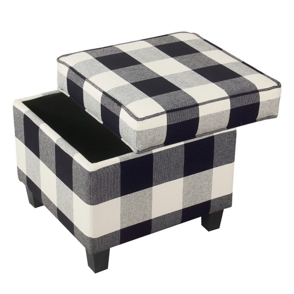 Pyp Square Storage Ottoman | 18" Black Plaid Cotton | Ebony Legs