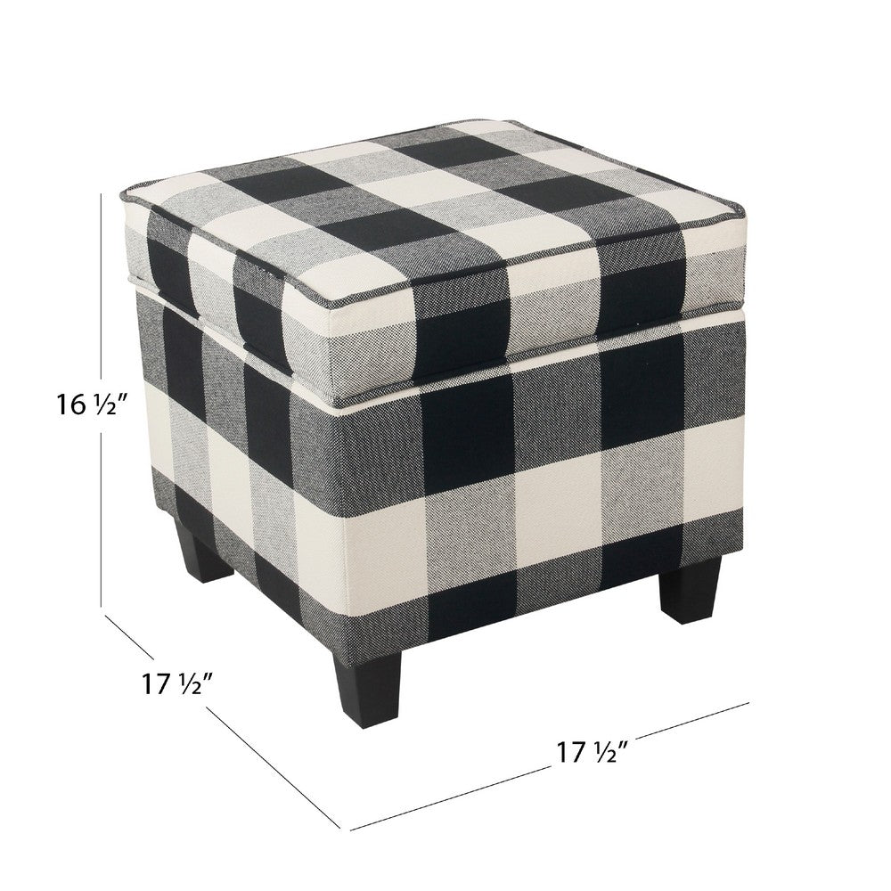 Pyp Square Storage Ottoman | 18" Black Plaid Cotton | Ebony Legs