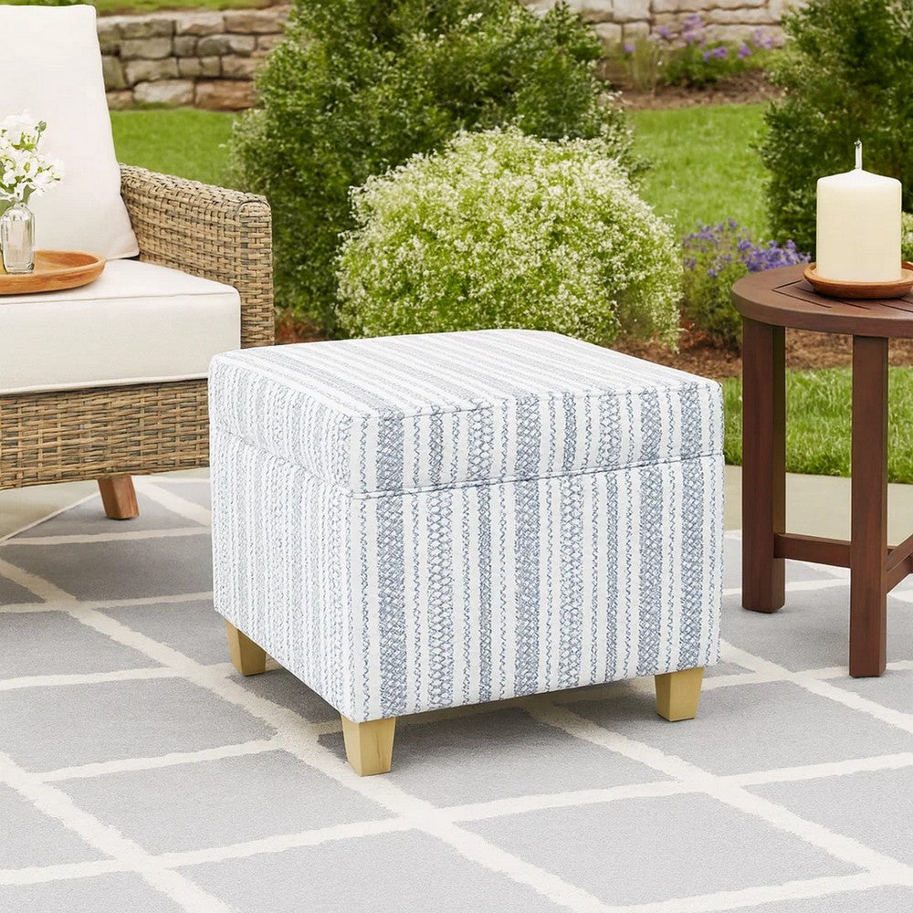 Pyp Square Storage Ottoman | 18" Blue White Striped | Brown Legs