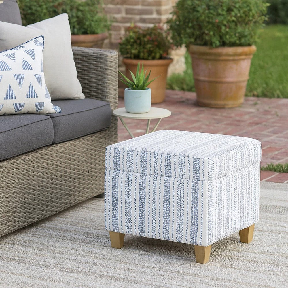 Pyp Square Storage Ottoman | 18" Blue White Striped | Brown Legs