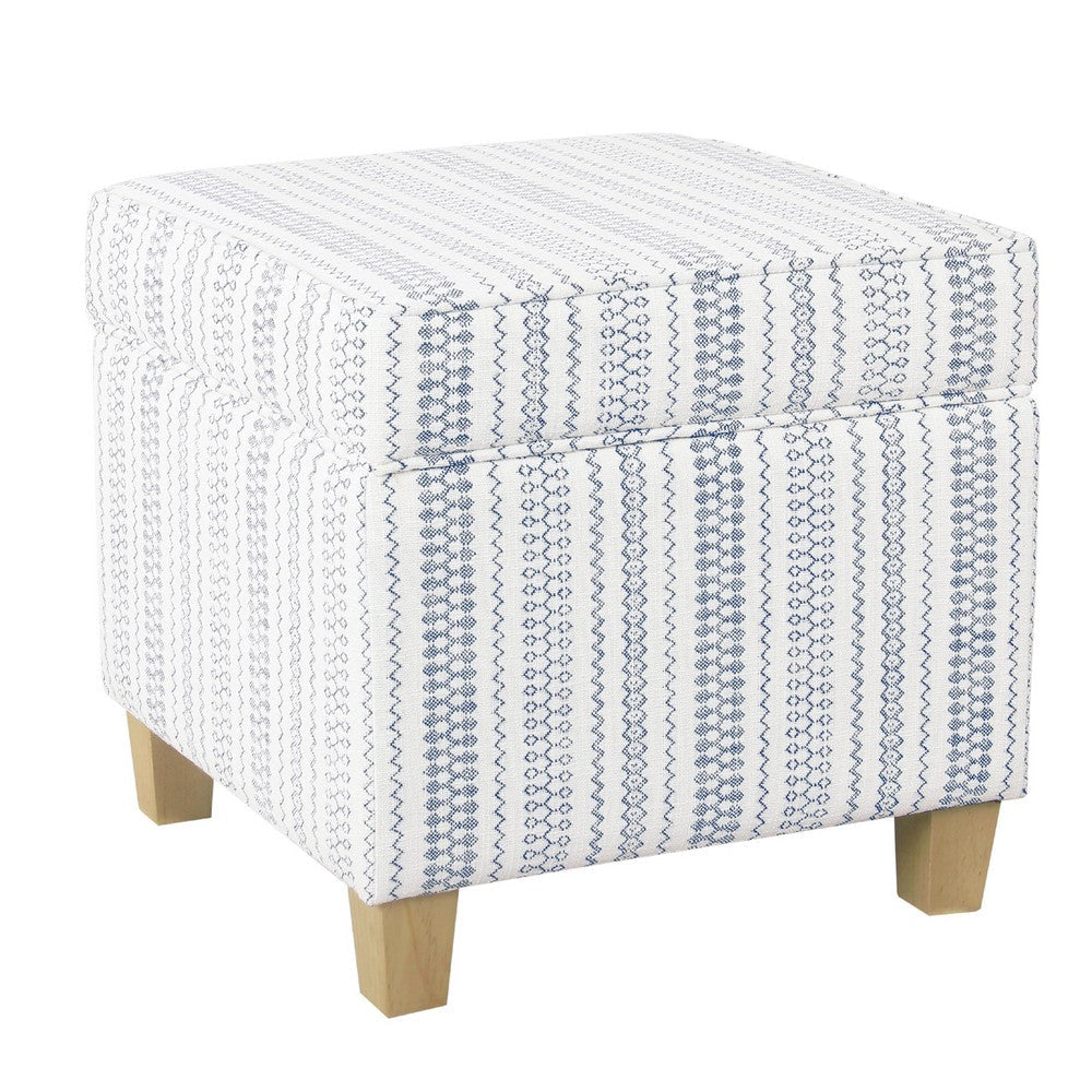 Pyp Square Storage Ottoman | 18" Blue White Striped | Brown Legs