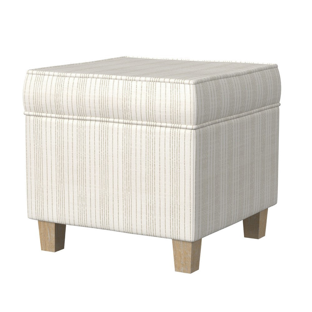 Pyp Square Storage Ottoman | 18’’ Ivory Pinstripe Fabric | Brown Legs