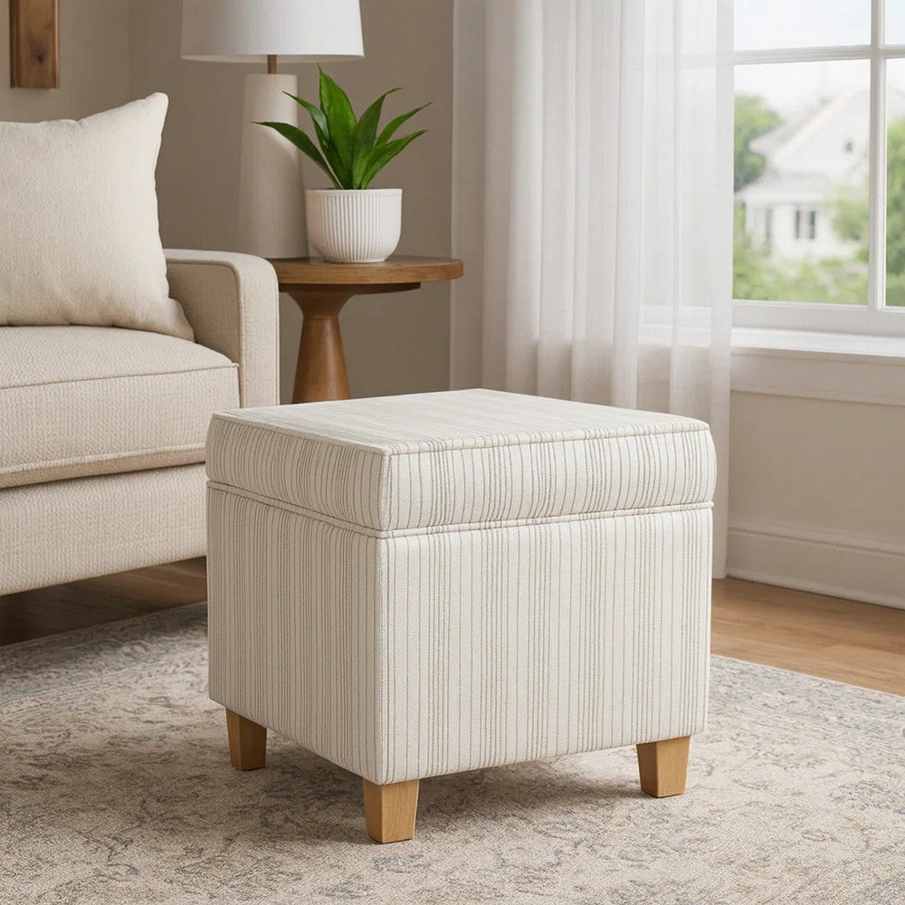 Pyp Square Storage Ottoman | 18" Ivory Pinstripe Fabric | Brown Legs