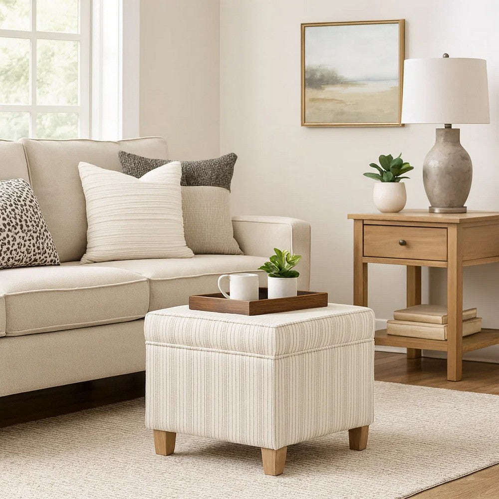 Pyp Square Storage Ottoman | 18" Ivory Pinstripe Fabric | Brown Legs
