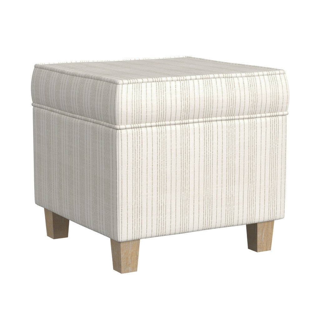 Pyp Square Storage Ottoman | 18" Ivory Pinstripe Fabric | Brown Legs