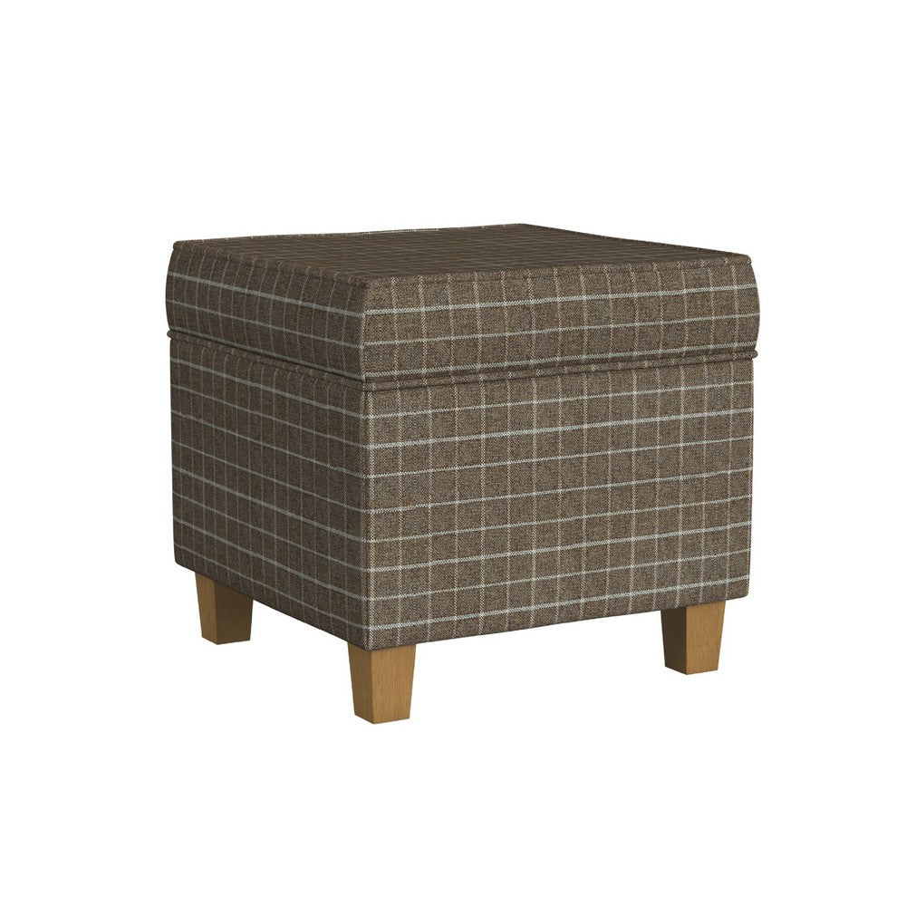 Pyp Square Storage Ottoman | 18" Brown Windowpane Fabric | Wood Legs