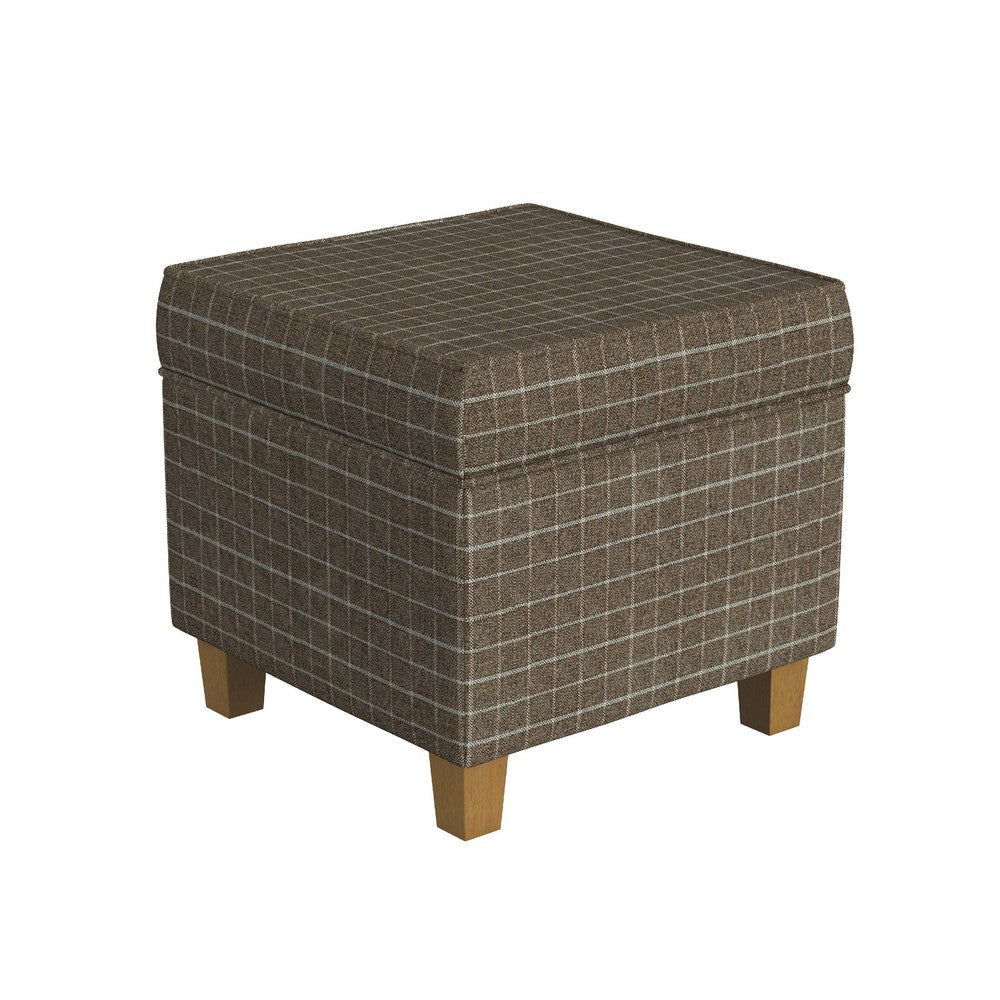 Pyp Square Storage Ottoman | 18" Brown Windowpane Fabric | Wood Legs