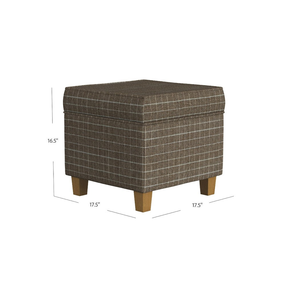 Pyp Square Storage Ottoman | 18" Brown Windowpane Fabric | Wood Legs