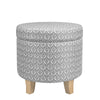 Loni Round Storage Ottoman | 19’’ Gray Patterned Fabric | Brown Wood