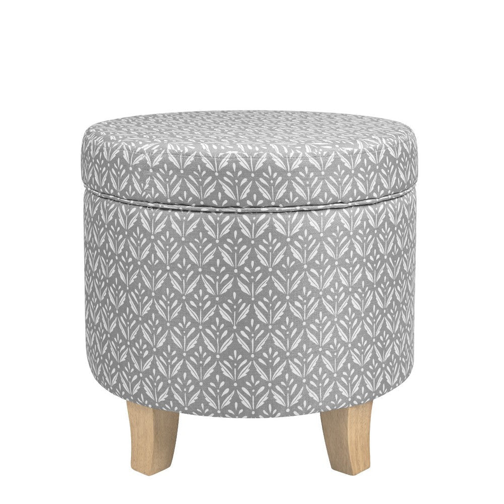 Loni Round Storage Ottoman | 19’’ Gray Patterned Fabric | Brown Wood
