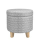 Loni Round Storage Ottoman | 19’’ Gray Patterned Fabric | Brown Wood