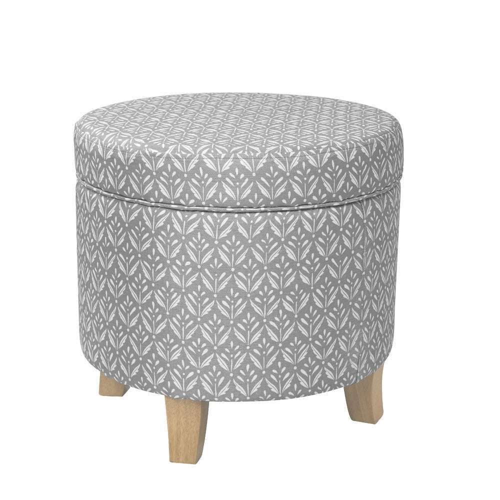 Loni Round Storage Ottoman | 19’’ Gray Patterned Fabric | Brown Wood