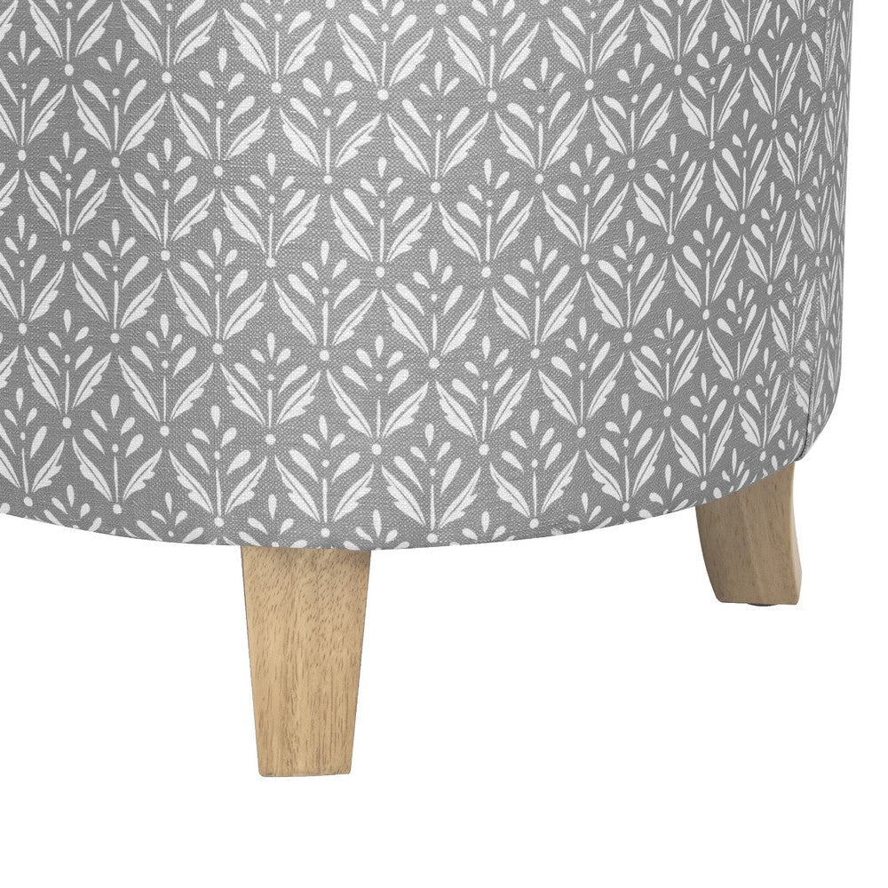Loni Round Storage Ottoman | 19’’ Gray Patterned Fabric | Brown Wood