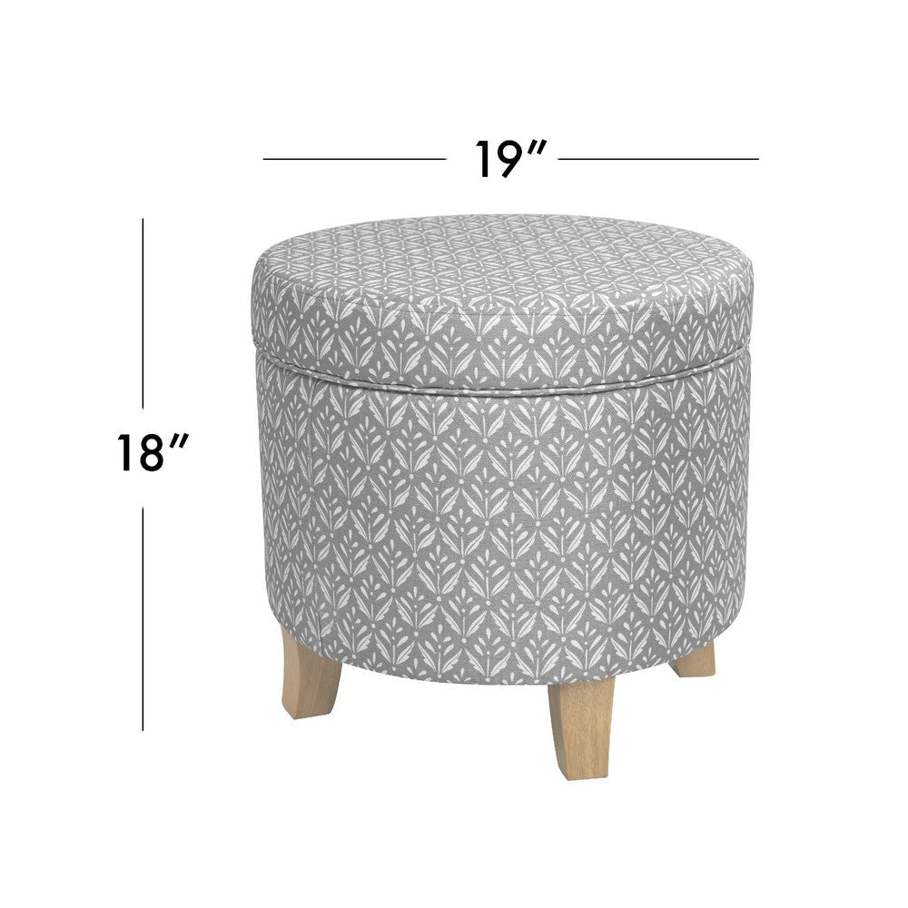 Loni Round Storage Ottoman | 19’’ Gray Patterned Fabric | Brown Wood