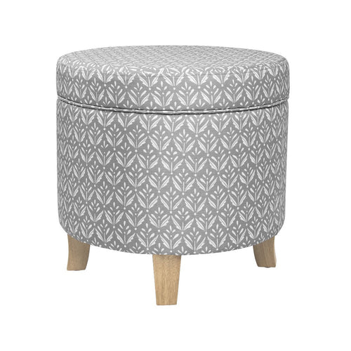 Loni Round Storage Ottoman | 19" Gray Patterned Fabric | Brown Wood