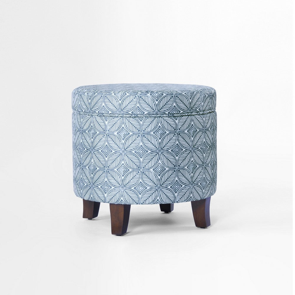 Loni Round Storage Ottoman | 19" Indigo Blue Pattern | Walnut Brown