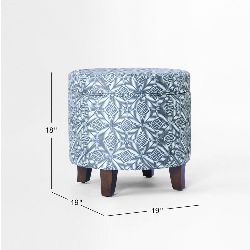 Loni Round Storage Ottoman | 19’’ Indigo Blue Pattern | Walnut Brown BM334441