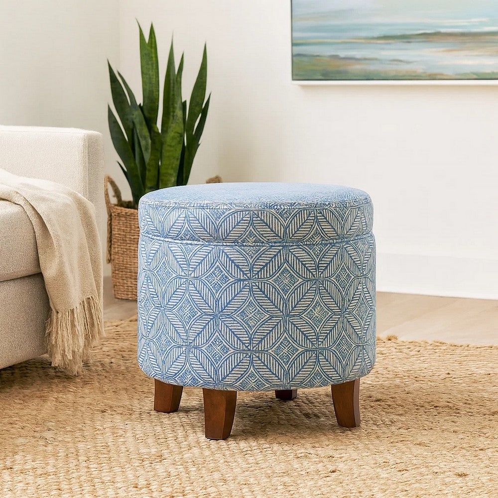Loni Round Storage Ottoman | 19" Indigo Blue Pattern | Walnut Brown