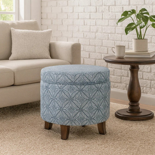 Loni Round Storage Ottoman | 19" Indigo Blue Pattern | Walnut Brown