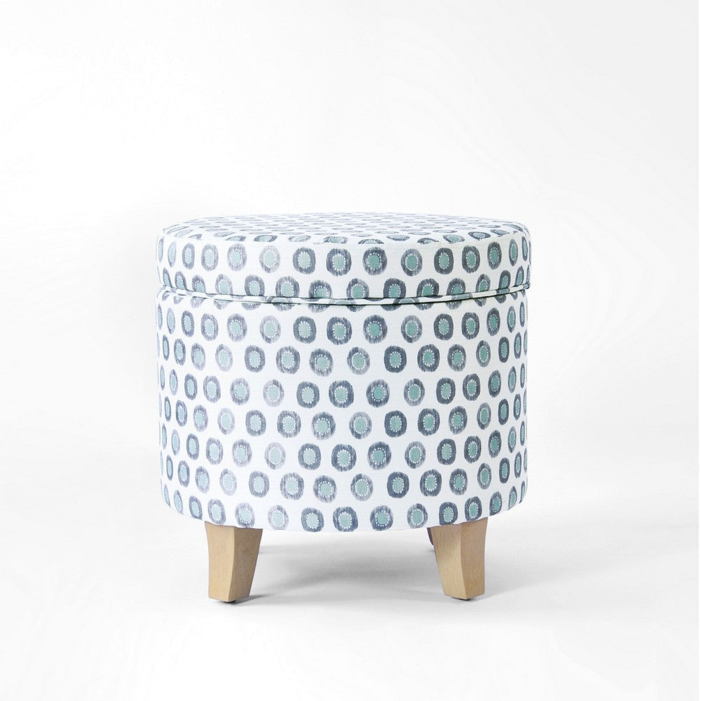 Loni Round Storage Ottoman | 19’’ Blue Green Ikat Print | Brown