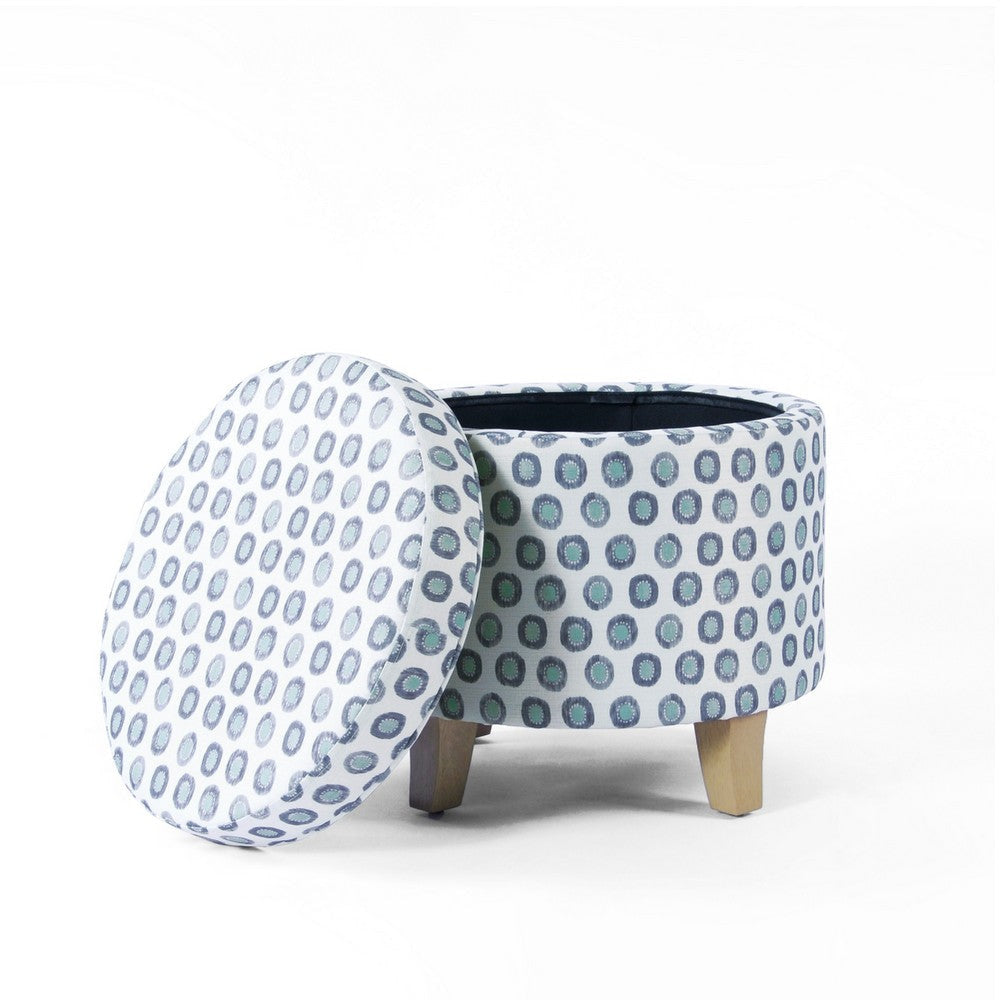 Loni Round Storage Ottoman | 19’’ Blue Green Ikat Print | Brown