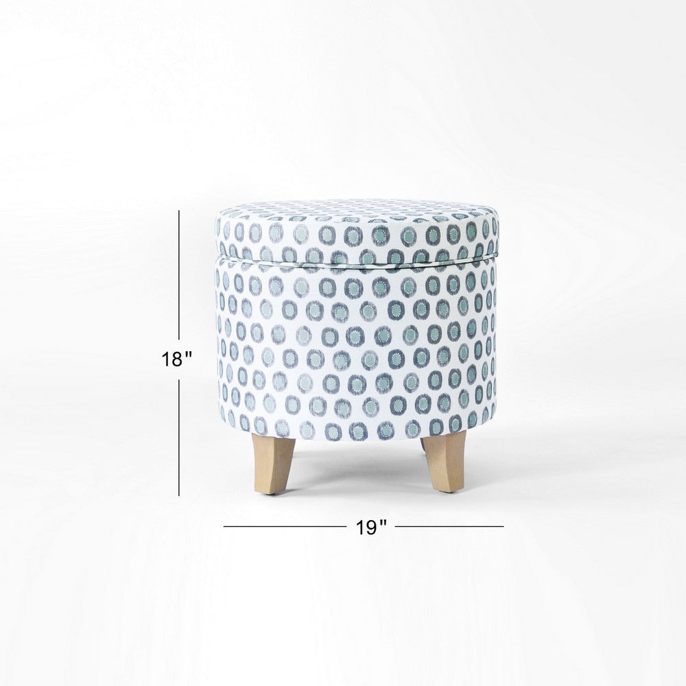 Loni Round Storage Ottoman | 19’’ Blue Green Ikat Print | Brown