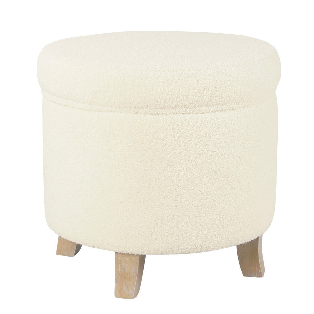 Loni Round Storage Ottoman | 19" Beige Faux Sheepskin | Wood Legs