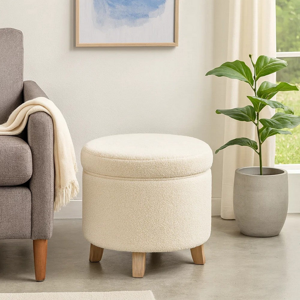 Loni Round Storage Ottoman | 19" Beige Faux Sheepskin | Wood Legs