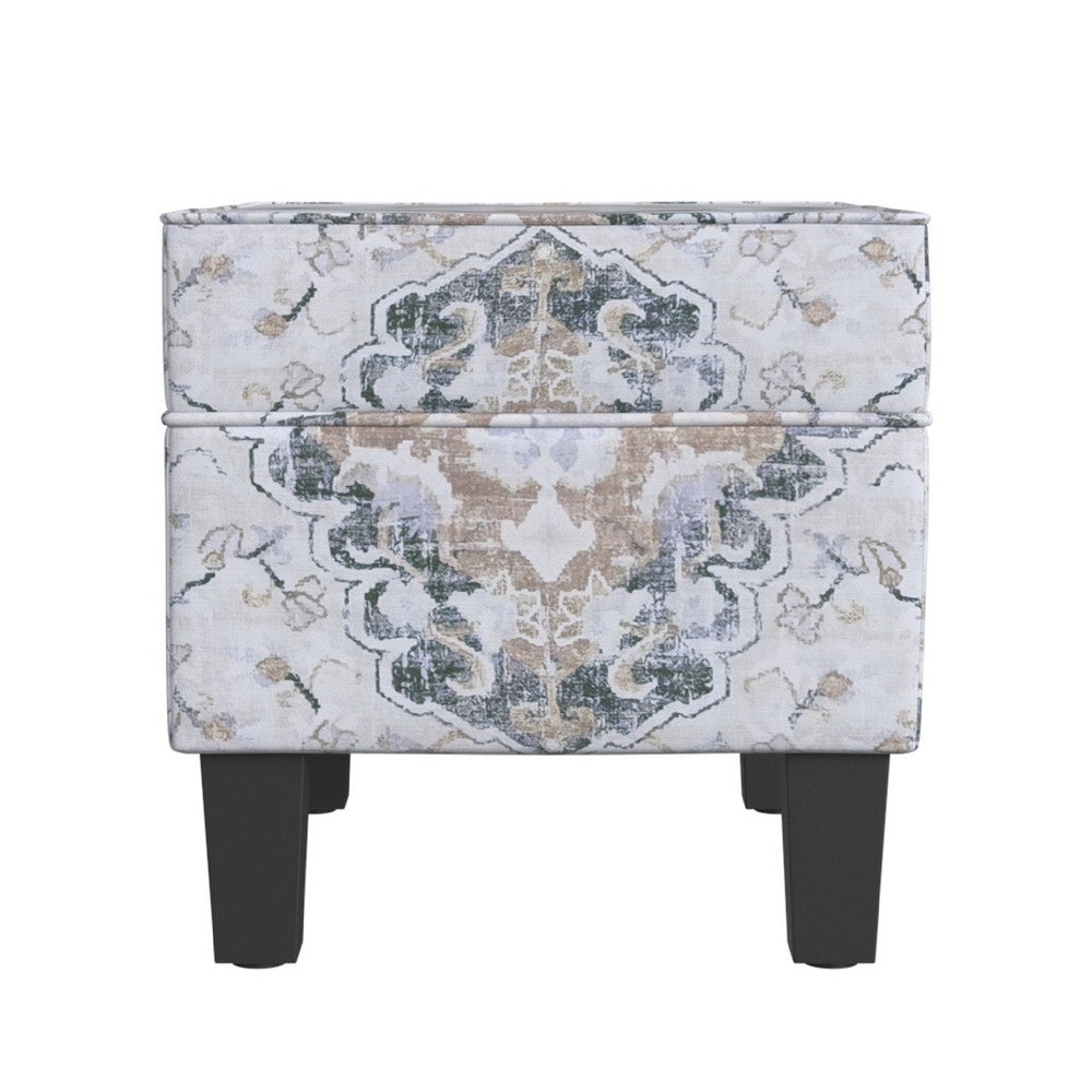 Ishi Accent Storage Ottoman | 22" White Blue Print, Black Legs