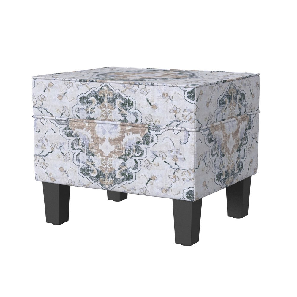 Ishi Accent Storage Ottoman | 22" White Blue Print, Black Legs