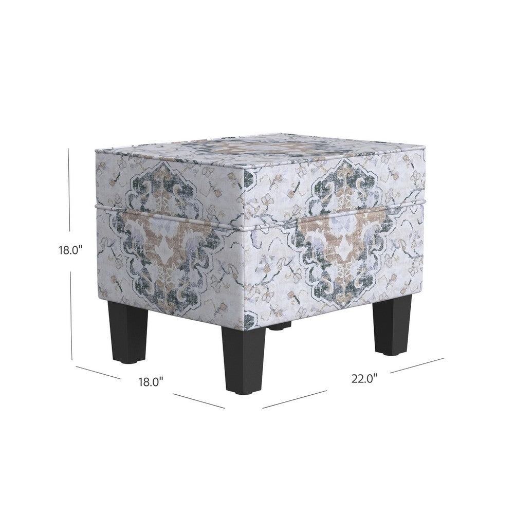 Ishi Accent Storage Ottoman | 22" White Blue Print, Black Legs