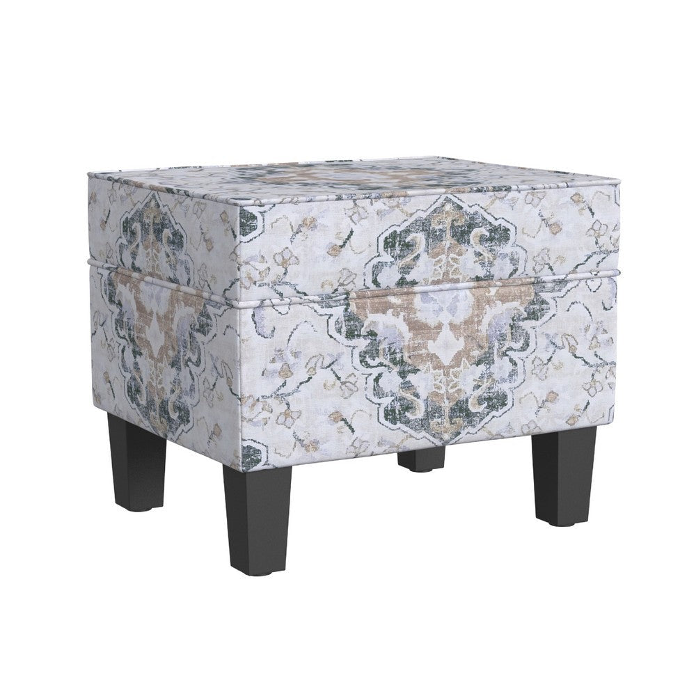 Ishi Accent Storage Ottoman | 22" White Blue Print, Black Legs